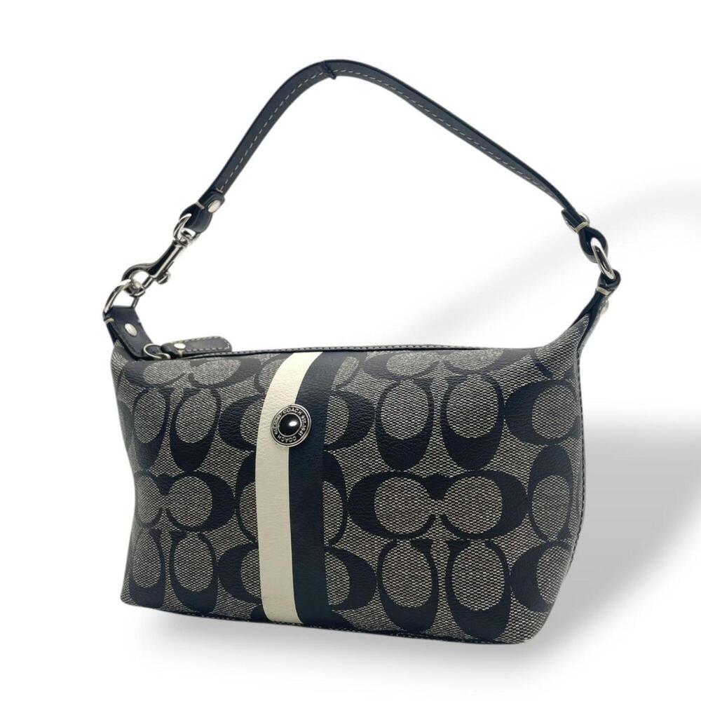 COACH Heritage Signature Stripe Small Handle Pouch Leather Grey Black Handbag...